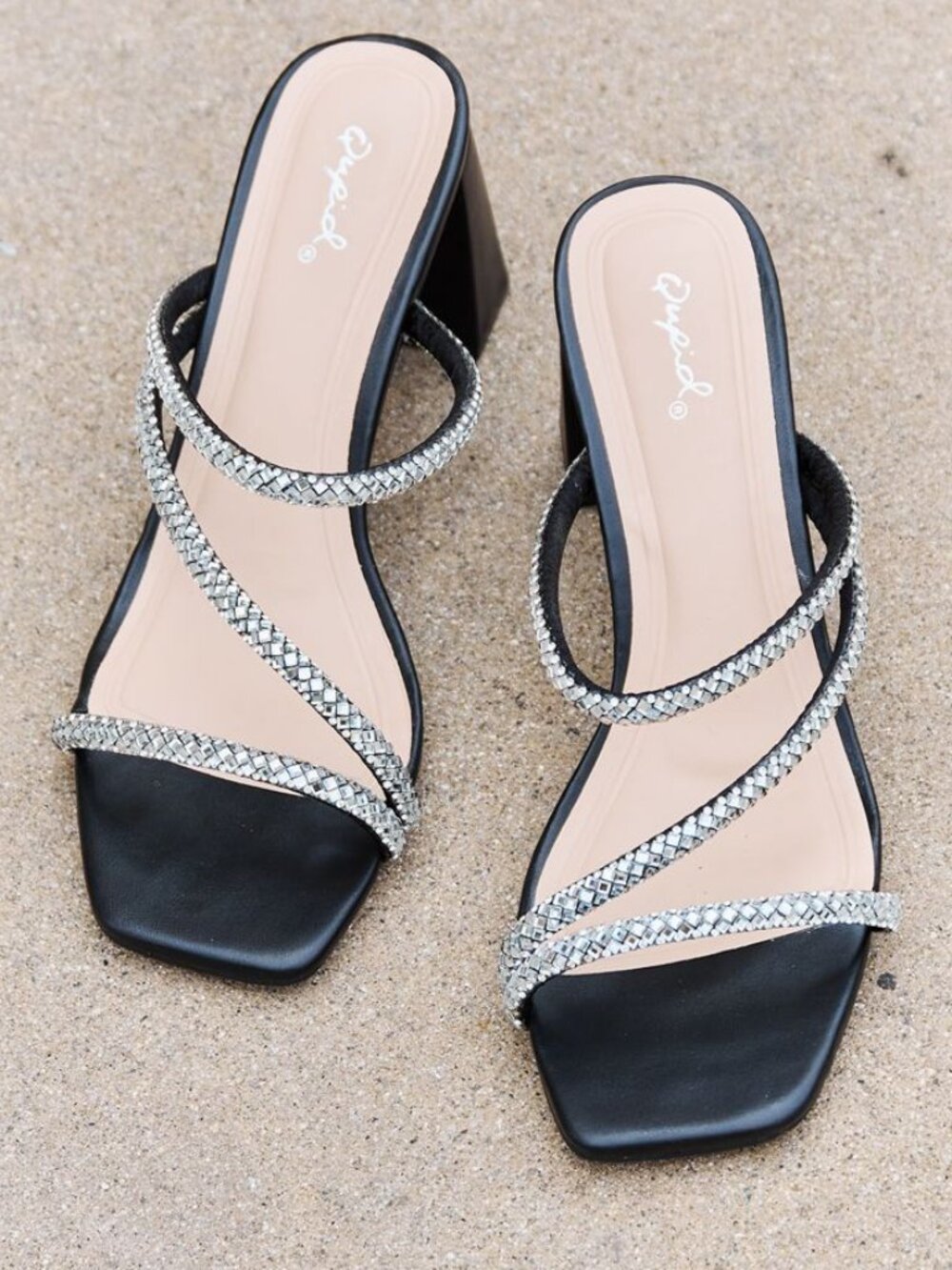 Black Rhinestone Strappy Heels | Square Toe Block Heel Mules